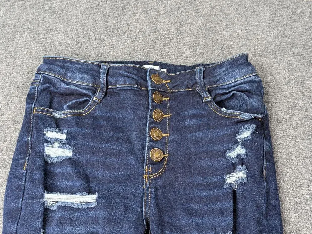 Rue21 Jeans Juniors 4 Blue Dark Distressed Skinny Button Fly Stretch Thrashed
